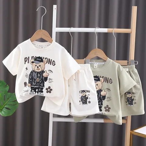 T-shirt shorts garçons ensemble vêtements dessin animés pour coton gaufré