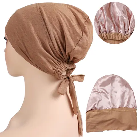 Hijab en satin casquette en jersey à couverture complète, chapeau turban extensible sous écharpe bonnet à bretelles bandeau Pour Femme