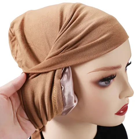 Hijab en satin casquette en jersey à couverture complète, chapeau turban extensible sous écharpe bonnet à bretelles bandeau Pour Femme