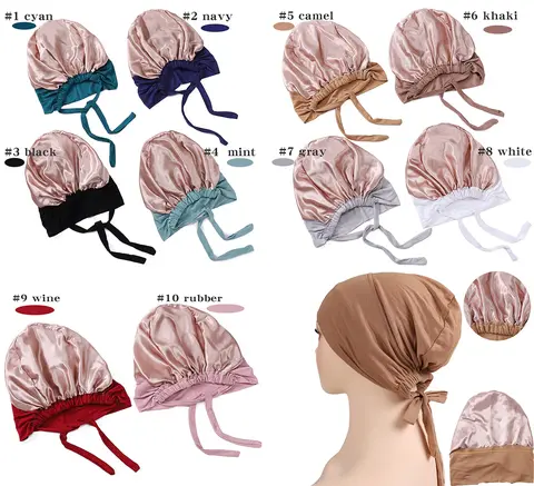 Hijab en satin casquette en jersey à couverture complète, chapeau turban extensible sous écharpe bonnet à bretelles bandeau Pour Femme