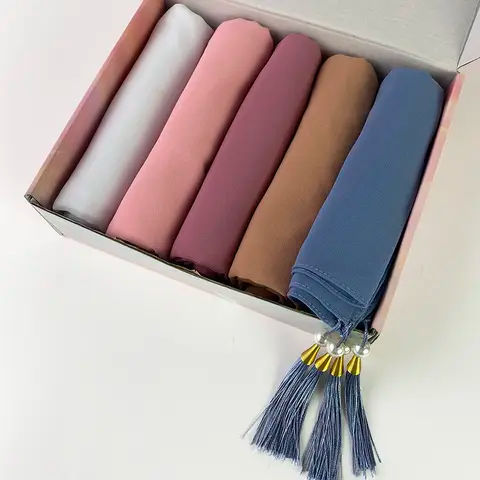 5 pièces/boîte en mousseline de soie hijab couleur unie.