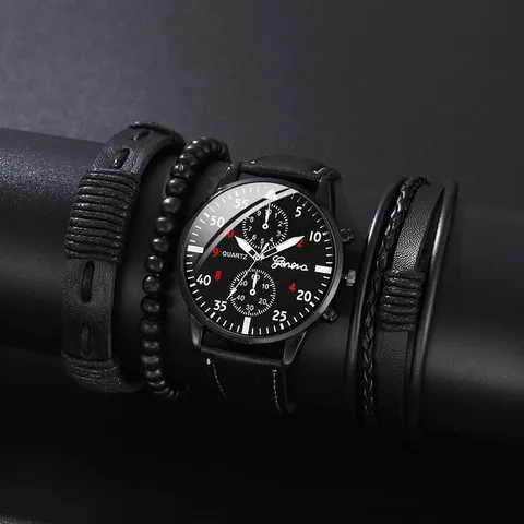 Chaud 4 pièces/ ensemble hommes montre sport loisir montre a quartz analogique PU cuir