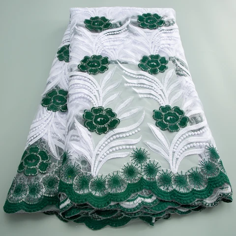 Nouvellement vert et blanc mariée broderie dentelle tissu, africain sequi tulle maille dentelle tissu pour femmes vêtements