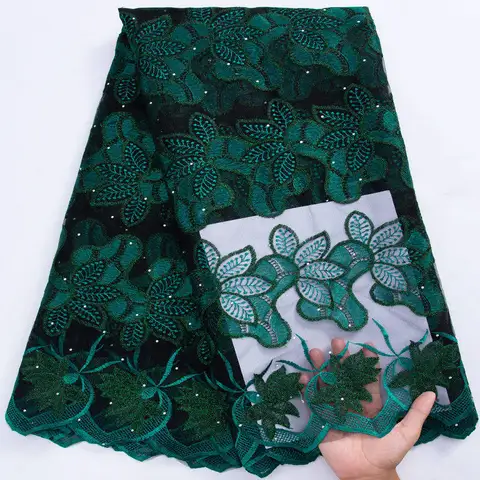 Tissu africaine en tulle vert Royal, dentelle en maille française avec perles lourdes pour robe de soirée élégante pour femmes