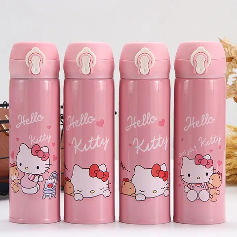 Thermos gourde étanche 500ml en acier inoxydable rose blanc, Kitty bouteille d'eau chaude.