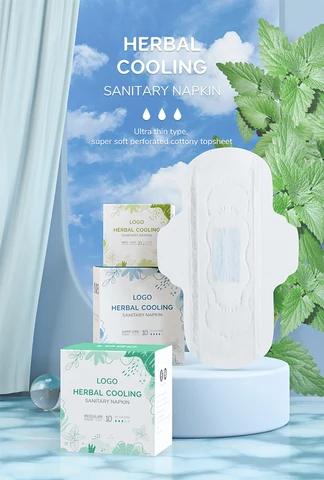 serviette hygiénique refroidissant es à base de plantes pour femmes, surface en coton super absorbante, essence de menthe naturelle, tampon sanitaire féminin.