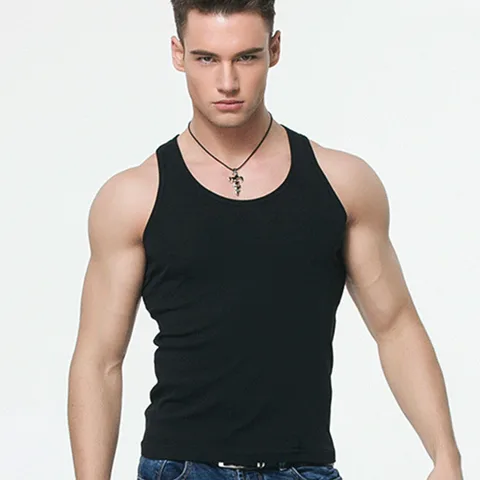 Maillot de corps côtelé de couleur unie pour hommes, gilet de sport, fitness, sans couture, noir, pour l'été.