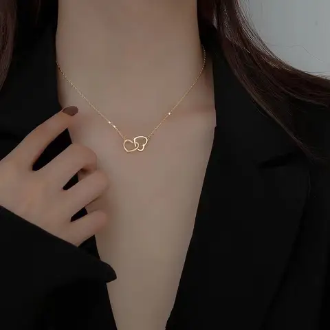 Bijoux fins double coeur ferme titane acier collier femme.