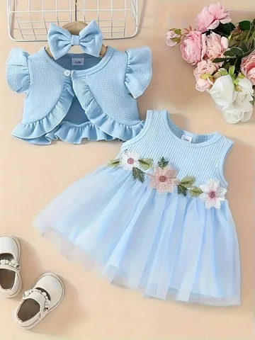 Conyson New Baby Girls tenues manches fleur broderie tulle robe volantée tricot cardigan manteau