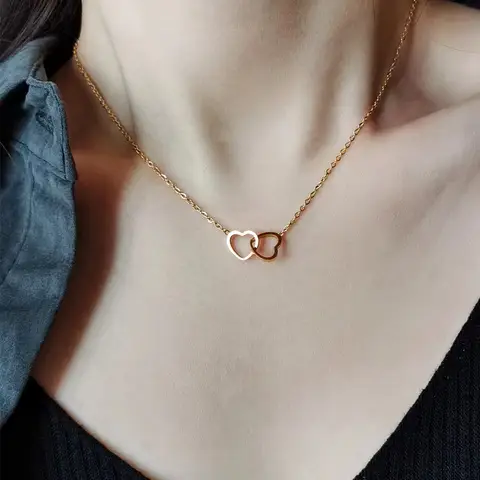 Collier en titane et acier pour femme. Bijoux fin double coeur.