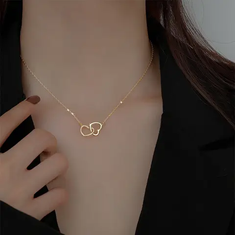 Collier en titane et acier pour femme. Bijoux fin double coeur.