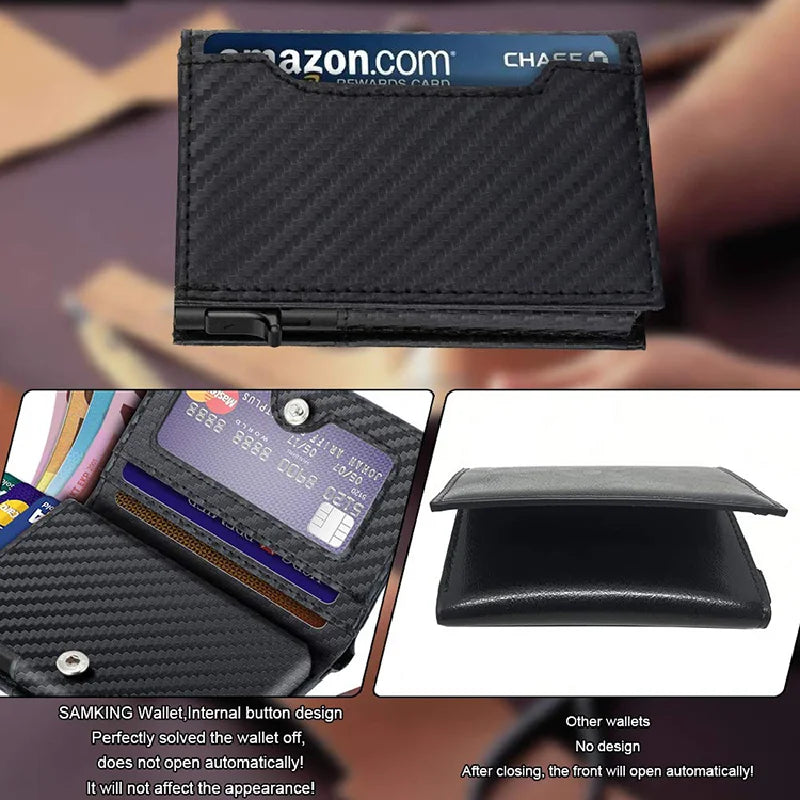 Carbon Fiber Leather Business Metal Aluminum Wallet for Men RFID Blocking  100% Genuine Leather Slim Pop Up Card Holders