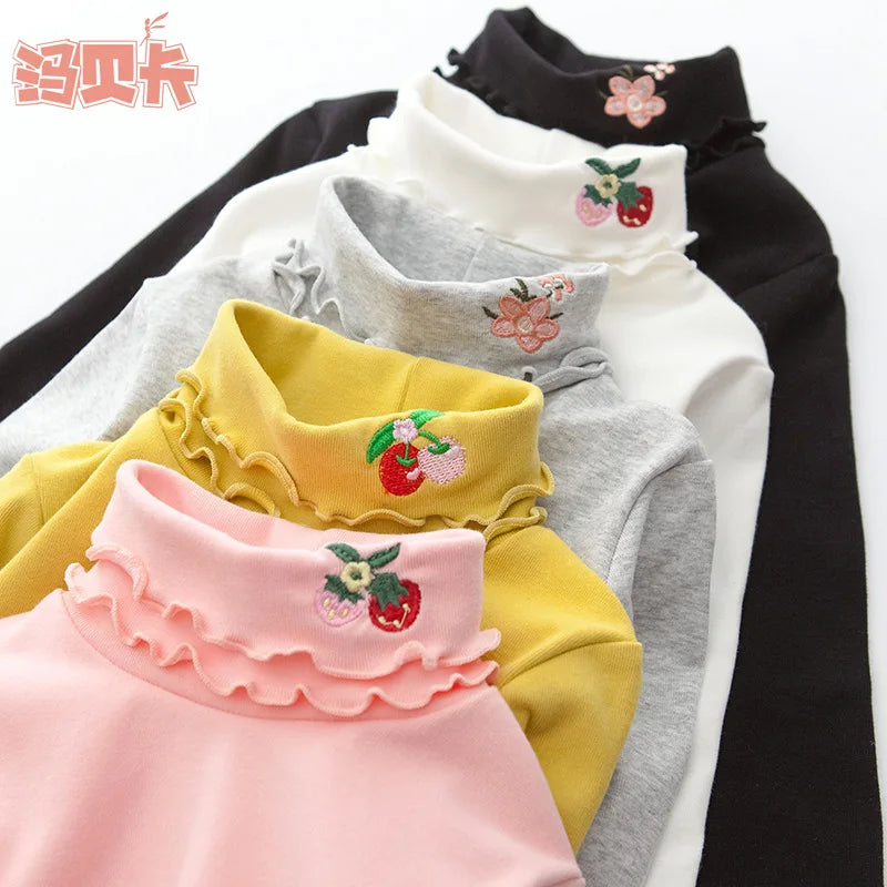 Girls Spring Autumn Turtleneck Embroidery Flower Long Sleeve T-shirt Baby Kids Children Tee