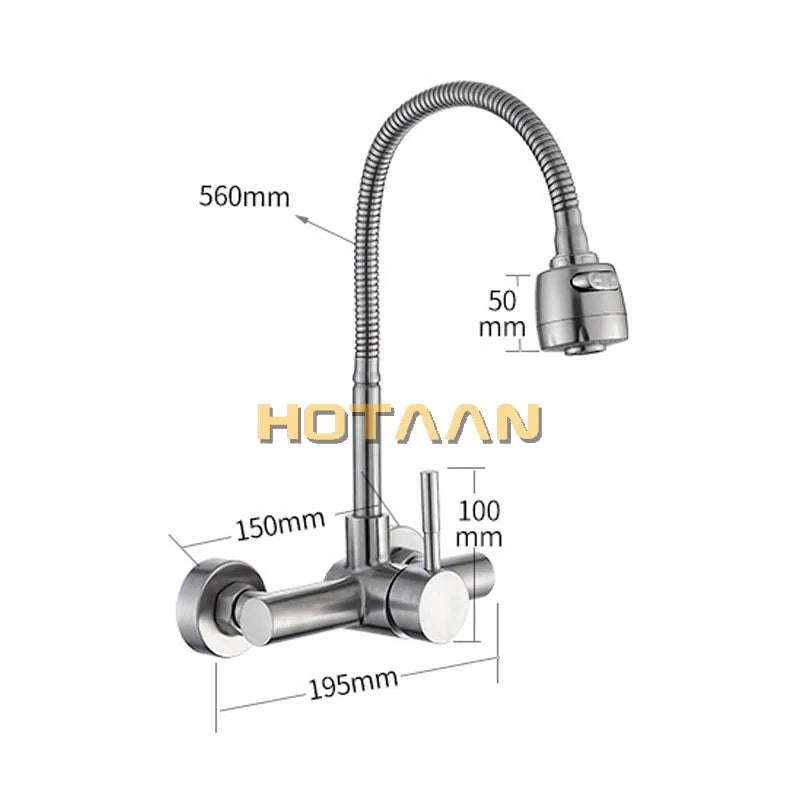 Wall Mounted Stream Sprayer Kitchen Faucet Single Handle Dual Holes SUS304 Stainless Steel Flexible Hose Kitchen Mixer Taps 6032