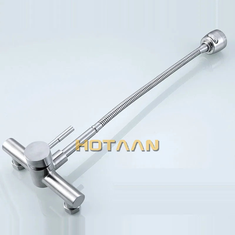 Wall Mounted Stream Sprayer Kitchen Faucet Single Handle Dual Holes SUS304 Stainless Steel Flexible Hose Kitchen Mixer Taps 6032