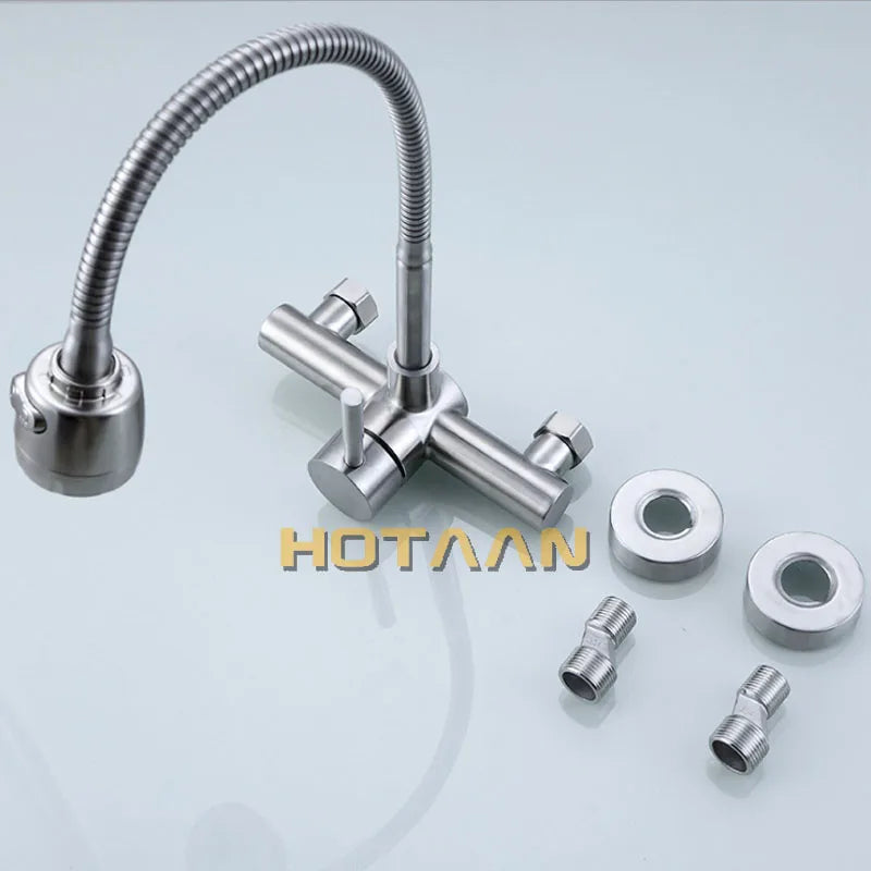 Wall Mounted Stream Sprayer Kitchen Faucet Single Handle Dual Holes SUS304 Stainless Steel Flexible Hose Kitchen Mixer Taps 6032