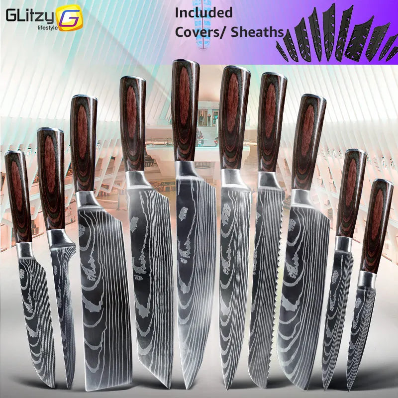 Kitchen Knife Japanese Chef Stainless Steel 1-10PCS Set 7CR17 440C Laser Damascus Drawing Cleaver Slicer Santoku Utility Knives