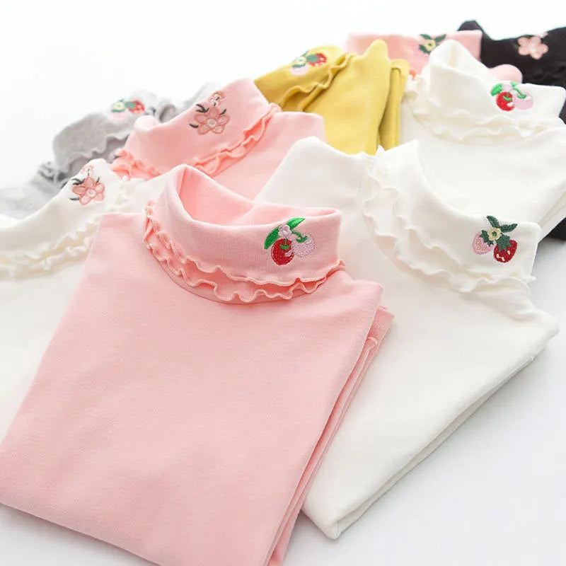 Girls Spring Autumn Turtleneck Embroidery Flower Long Sleeve T-shirt Baby Kids Children Tee