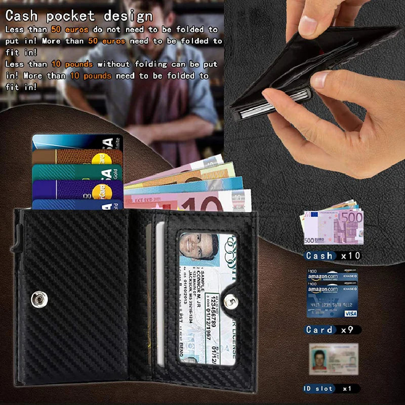 Carbon Fiber Leather Business Metal Aluminum Wallet for Men RFID Blocking  100% Genuine Leather Slim Pop Up Card Holders