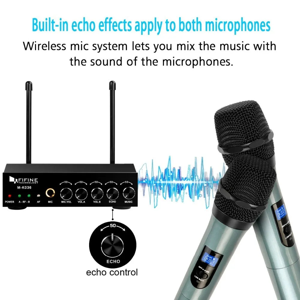 Fifine UHF Dual Channel Wireless Handheld Microphone, Easy-to-use Karaoke Wireless Microphone System K036