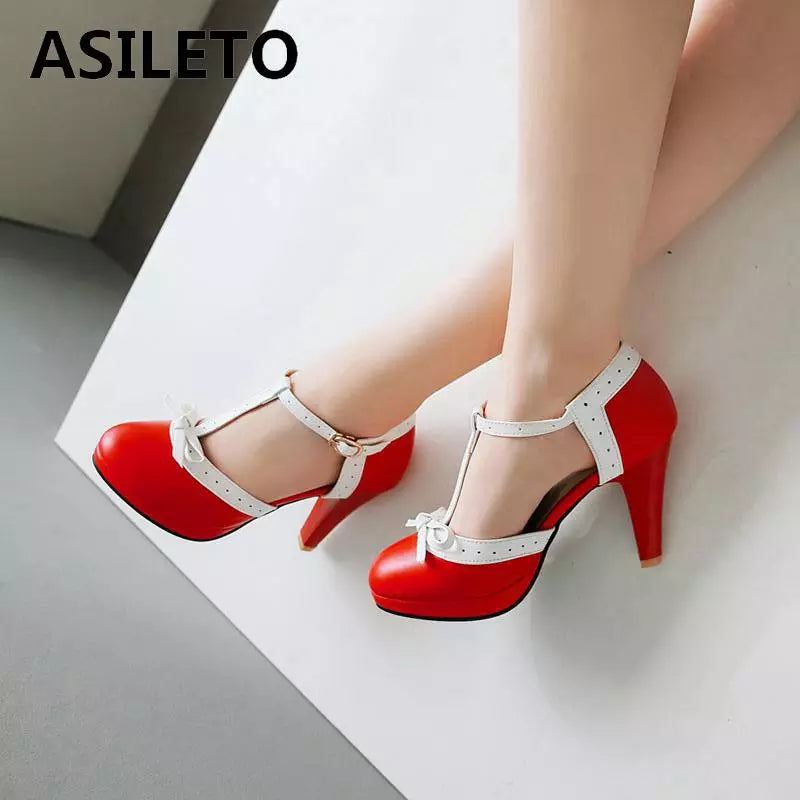 ASILETO Plus Size 32-44 High Heel Shoes Round Toe Heel pumps Women's Platform pumps with bow party wedding Footwear t strap 972