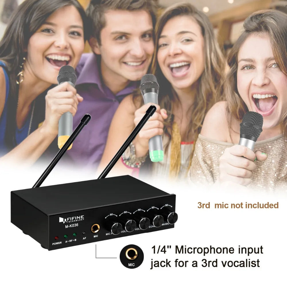 Fifine UHF Dual Channel Wireless Handheld Microphone, Easy-to-use Karaoke Wireless Microphone System K036