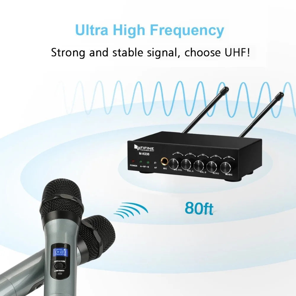 Fifine UHF Dual Channel Wireless Handheld Microphone, Easy-to-use Karaoke Wireless Microphone System K036