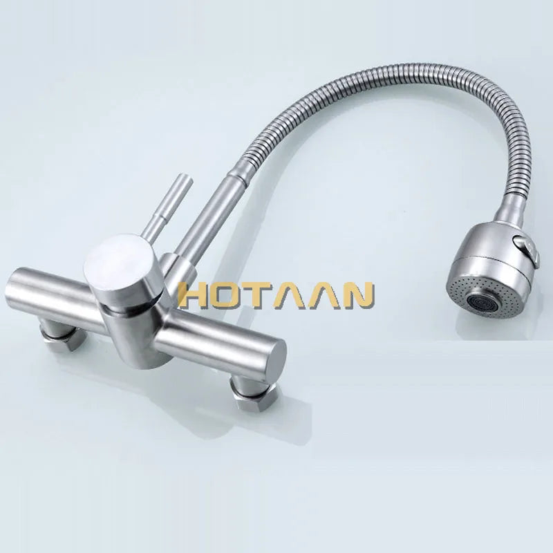 Wall Mounted Stream Sprayer Kitchen Faucet Single Handle Dual Holes SUS304 Stainless Steel Flexible Hose Kitchen Mixer Taps 6032