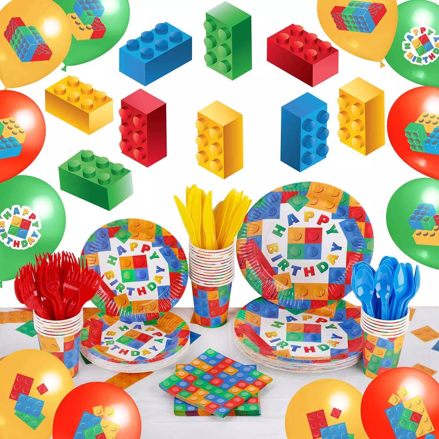 Building Blocks Children's Toys Theme Party Supplies Disposable Tableware Cup Plate Ballon Backdrop For Birthday Party Decor