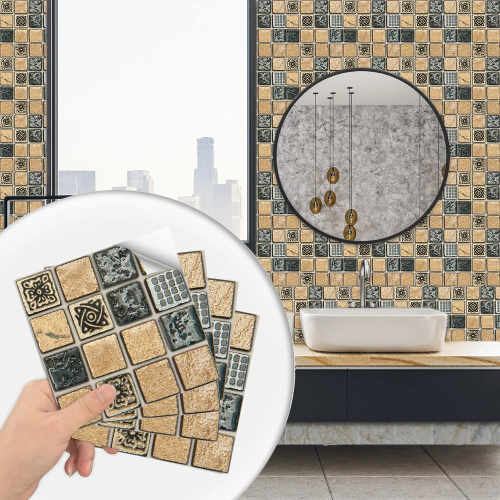 10pcs/set Flat Mosaic Tiles Sticker Transfers Covers For Kitchen Bathroom Wallpaper Surface Gloss Waterproof Film 2D Wall Decals