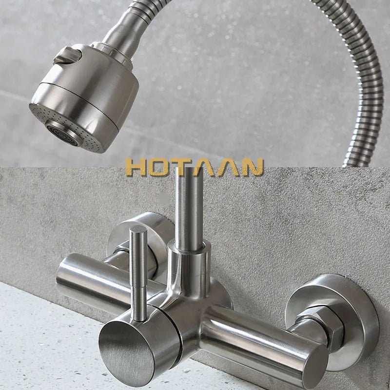 Wall Mounted Stream Sprayer Kitchen Faucet Single Handle Dual Holes SUS304 Stainless Steel Flexible Hose Kitchen Mixer Taps 6032