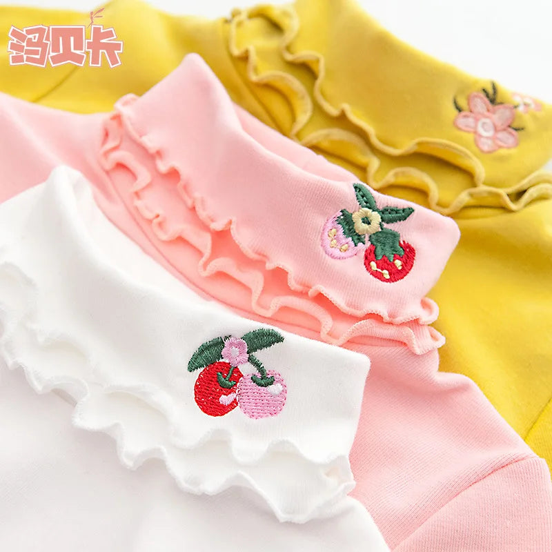 Girls Spring Autumn Turtleneck Embroidery Flower Long Sleeve T-shirt Baby Kids Children Tee