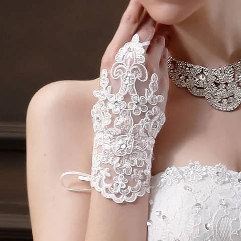 Femmes mode crochet sans doigts dentelle paillettes fleurs blanc rouge couverture de mariée