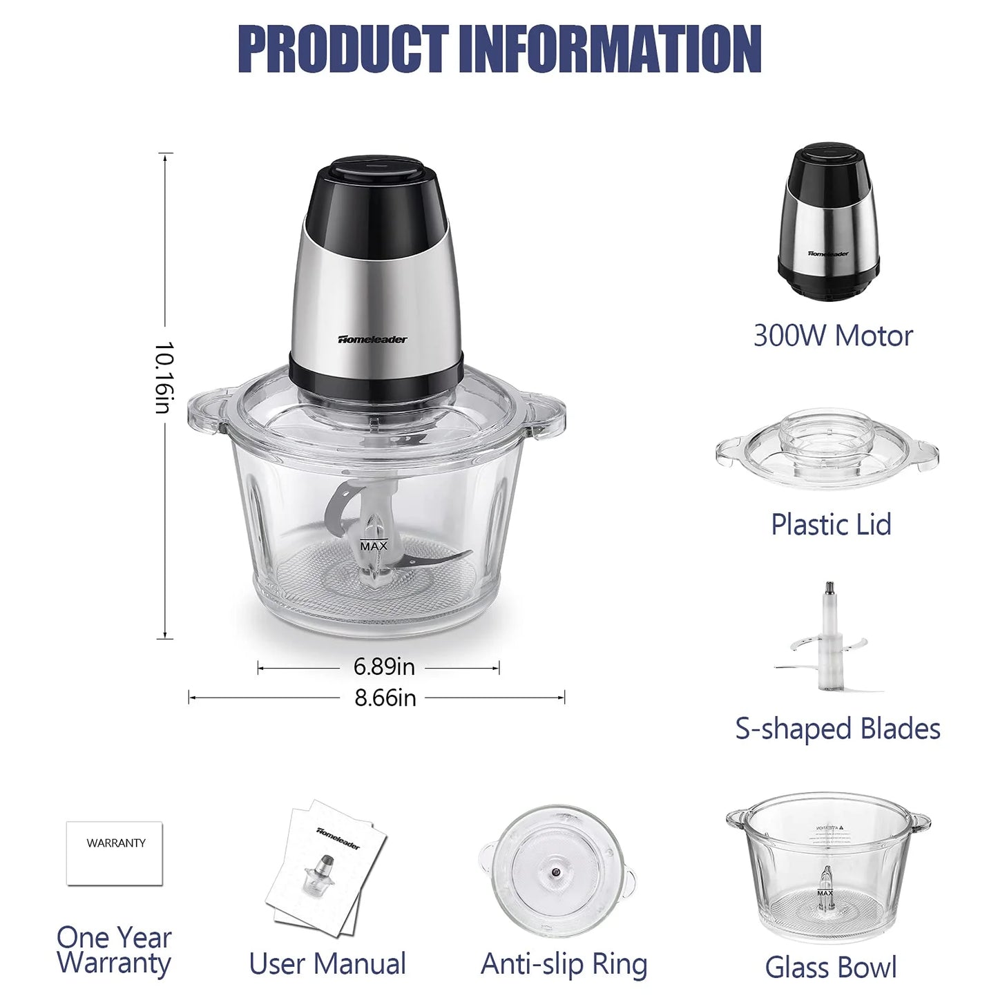 Hachoir électrique, robot culinaire 8 tasses par Homeleader, broyeur à bol en verre 2L pour viande, légumes, Fruits et noix, inoxydable