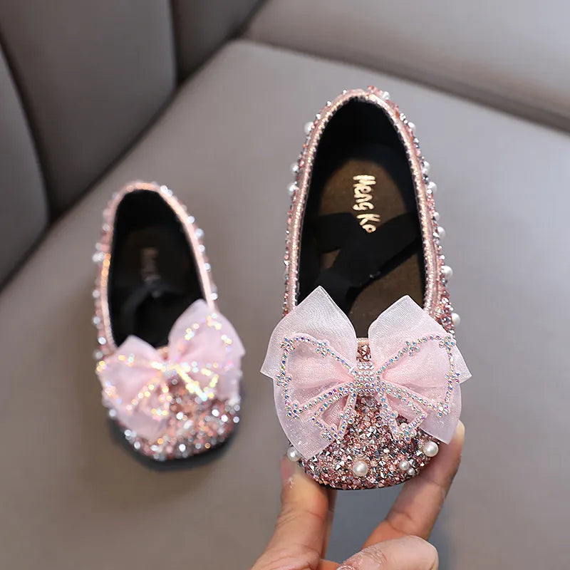 AINYFU Spring Children's Lace Bow Princess Shoes Girls Color Sequins Leather Shoes New Kids Soft-Soled Wedding Shoes H807