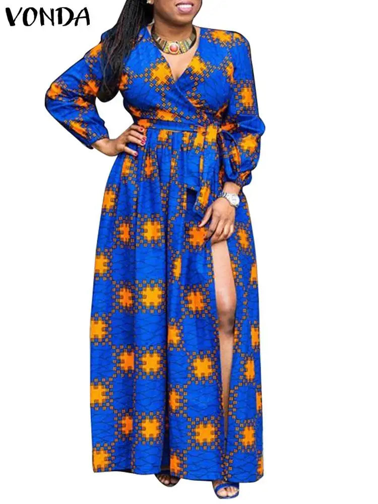 Autumn Maxi Dress Women Vintage Ruffle Cold Shoulder Party Dress Robe 2023 VONDA Casual Satin Patchwork Long Sleeve Sundress