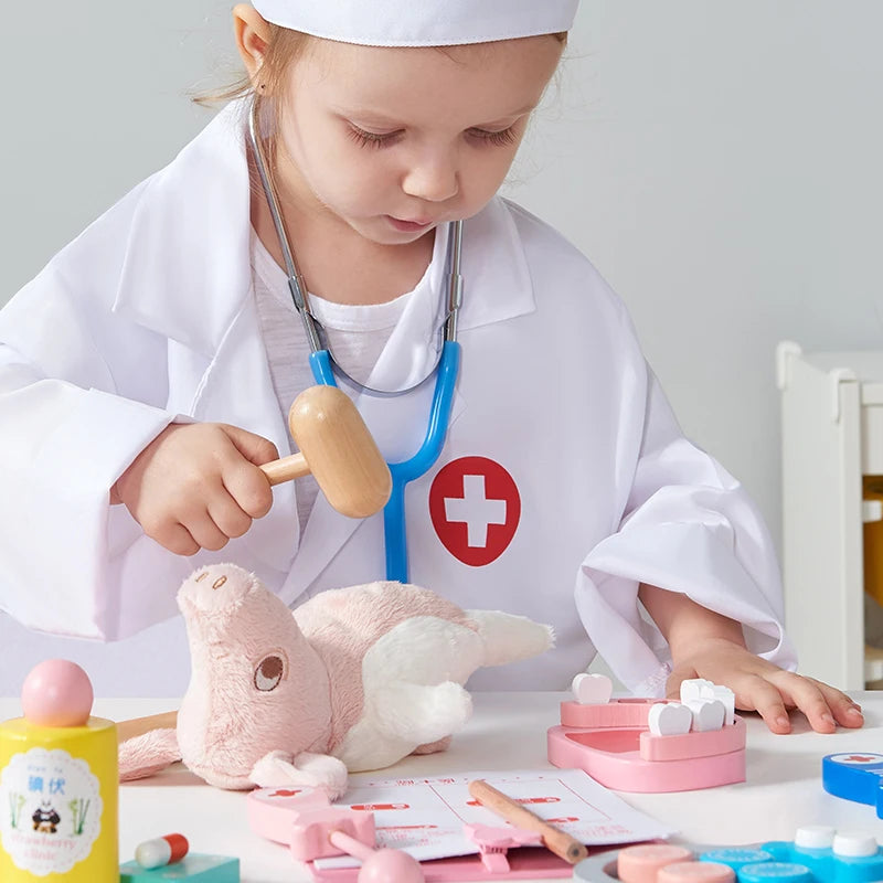 Wooden Pretend Play Kids Educational Toys Dental Check-Ups Doctor Set Simulation Medical Equipment Set Dentist Games Cosplay