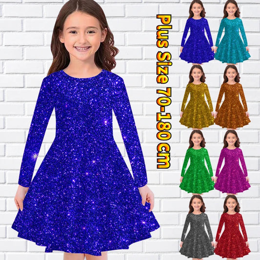 Autumn Winter Little Girl Daily Street Fashion Long Sleeve Dress Retro Print Dress Casual Style Princess Skirt Knee-length Skirt