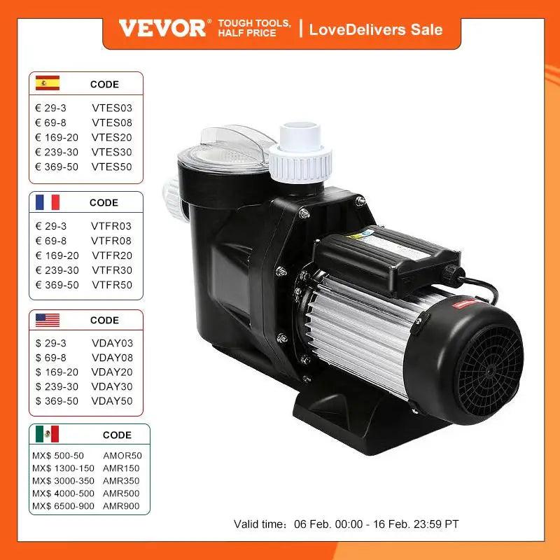 VEVOR 2.5HP moteur de pompe de piscine avec panier de crépine 1850W pompe à eau pompe de piscine d'aquarium pompe de Circulation au-dessus du sol.