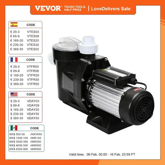 VEVOR 2.5HP moteur de pompe de piscine avec panier de crépine 1850W pompe à eau pompe de piscine d'aquarium pompe de Circulation au-dessus du sol.