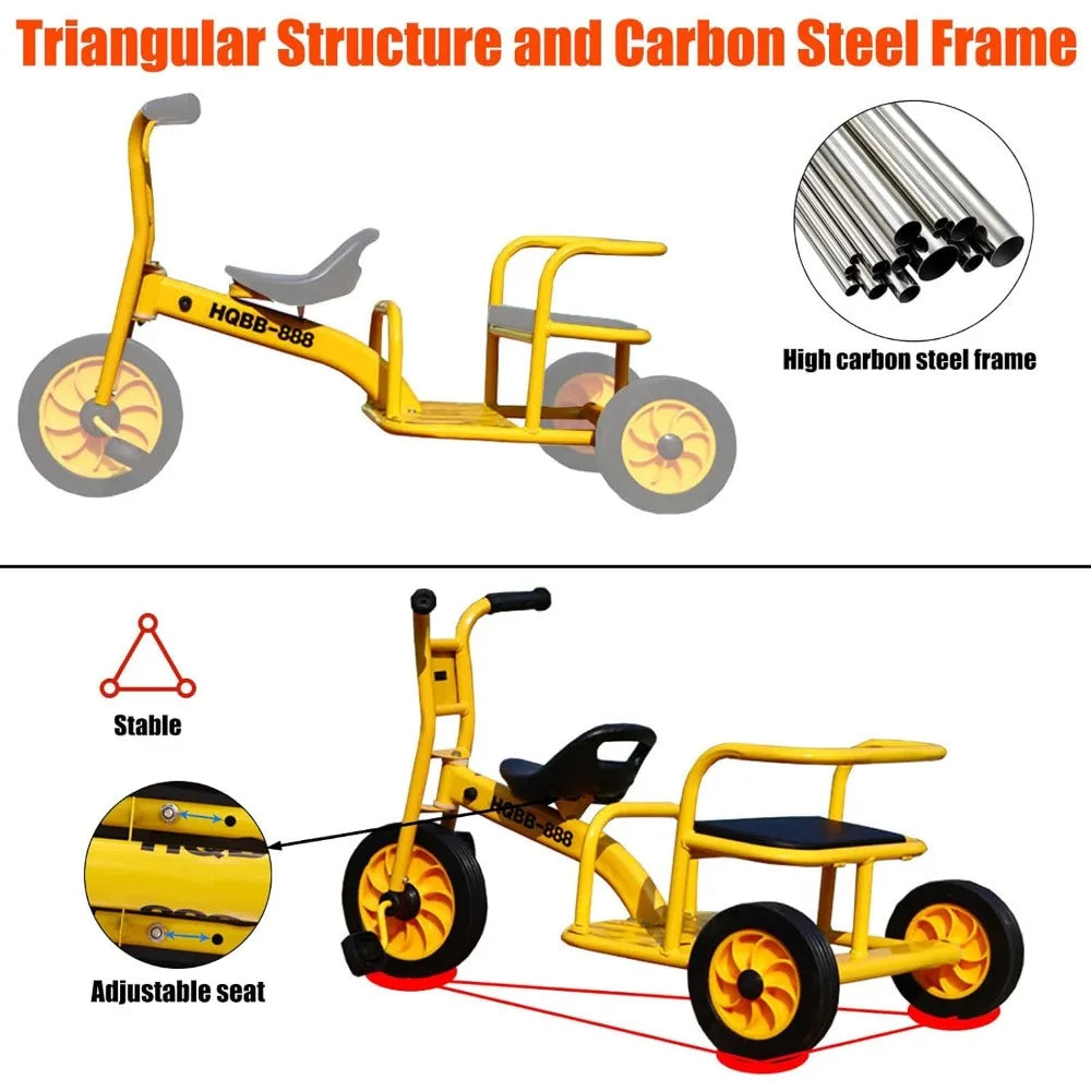 Kids Tricycle for Riders Ages 2+,with Adjustable Seat,Metal Kids Tandem Trike with Passenger Seat,Inflation-Free Rubber Wheel