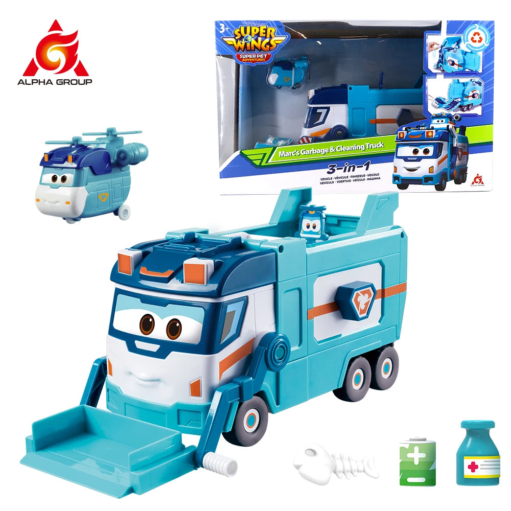 Super Wings Marc's Garbage & Cleaning Truck 3-in-1 Street Sweeping & Street Patrol & Waste Recycling Mode Transformation Kid Toy