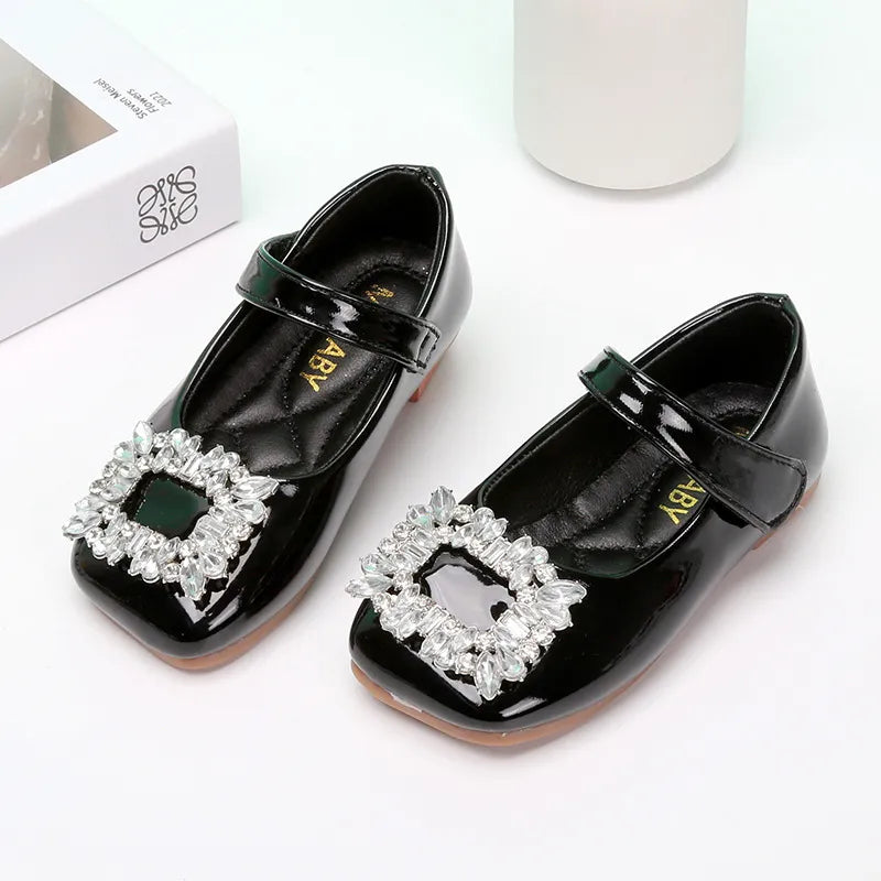 Spring Autumn 2023 Kids Shoes for Girl Leather Shoes Fashion Rhinestone Flat Heels Infant Girls Party Shoes Red Black