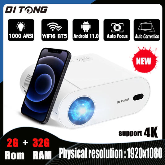 Projecteur DITONG 4K avec WiFi 6 et Bluetooth Auto Keystone Auto Focus Home Cinéma FHD Native 1080P Film extérieur