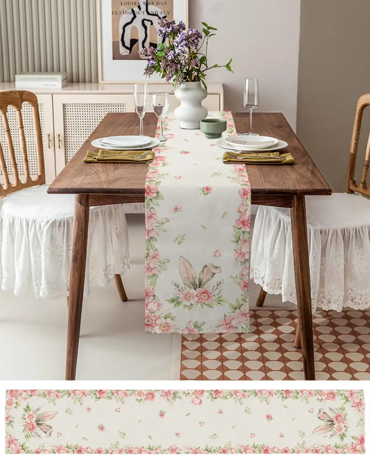 Chemin de Table en lin avec oreilles de lapin de Pâques, fleurs roses, pour commode, foulards, décoration de Table, ferme, salle à manger, décoration de fête de vacances, maison et jardin