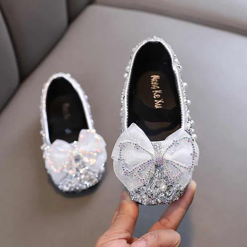 AINYFU Spring Children's Lace Bow Princess Shoes Girls Color Sequins Leather Shoes New Kids Soft-Soled Wedding Shoes H807