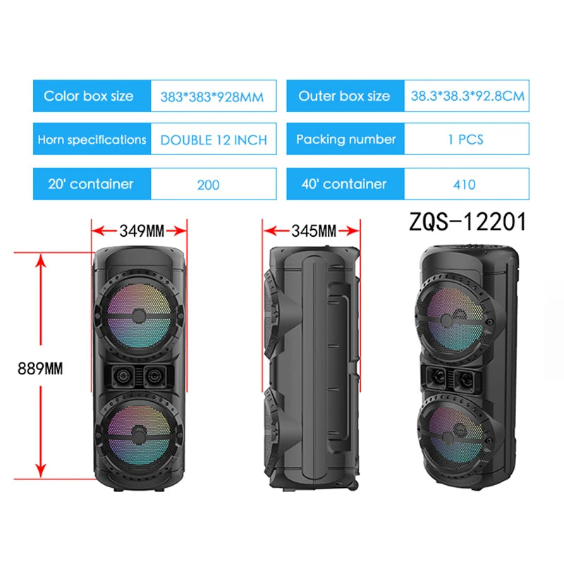 Caisson de basses à Double corne de 12 pouces, 125W, très grand haut-parleur Bluetooth d'extérieur, Portable, sans fil, colonne, son de basse avec Microphone FM