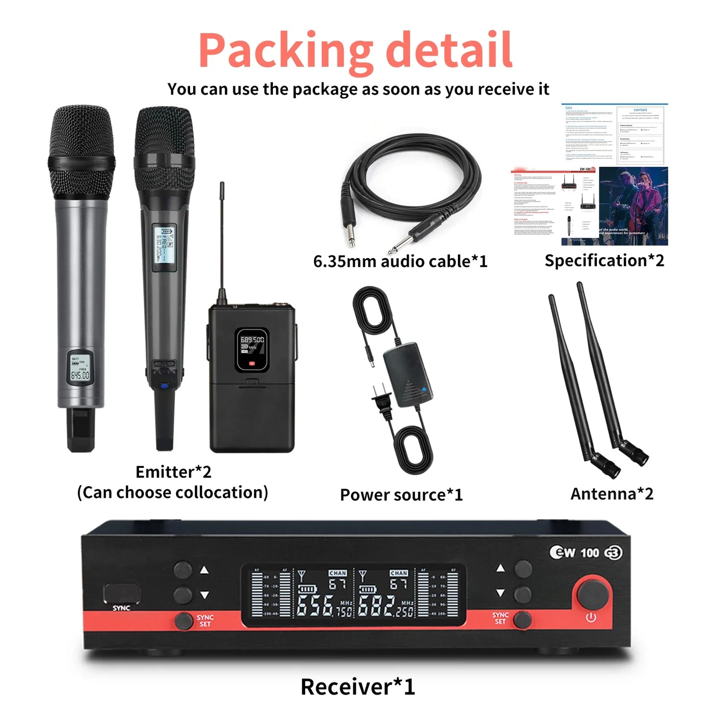 Top Quality！ew100G3 Professional Dual Wireless Microphne Stage Performance 2 Channels 600-699MHz UHF Karaoke Metal Handheld e835