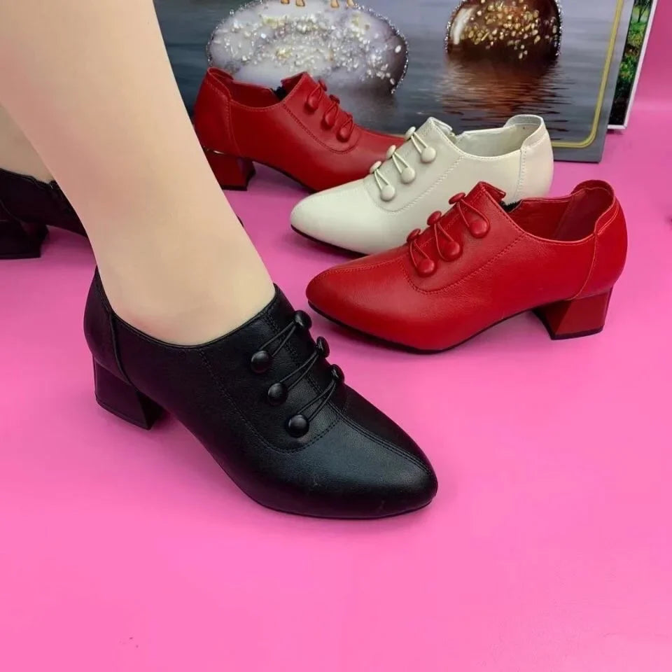 Women's Shoes Spring/autumn All-match High-heeled Shoes Women Pointed Thick-heeled Side Zipper Leather Shoes Fashion Women Pumps