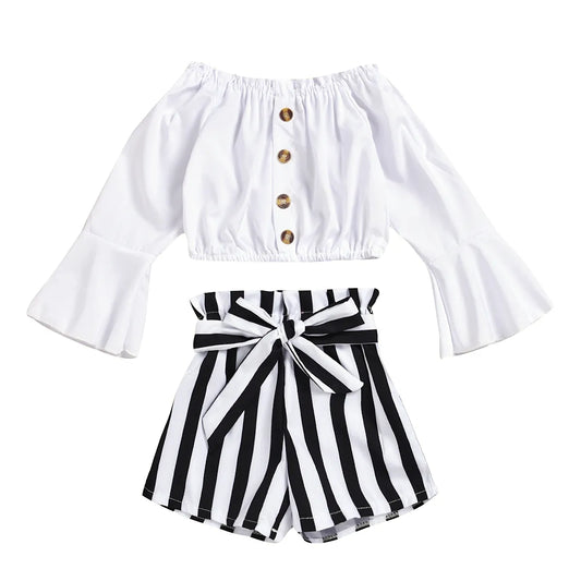 Summer Kids Girls Clothes Set Off Shoulder Elastic Tops Striped Short Pant 2Pcs Suit Baby Toddler Outfit Children Clothing A432